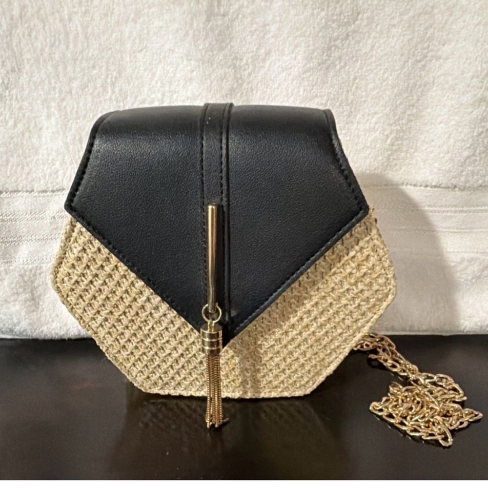 Black & Natural Woven Hexagon Crossbody Bag with Gold Tassel